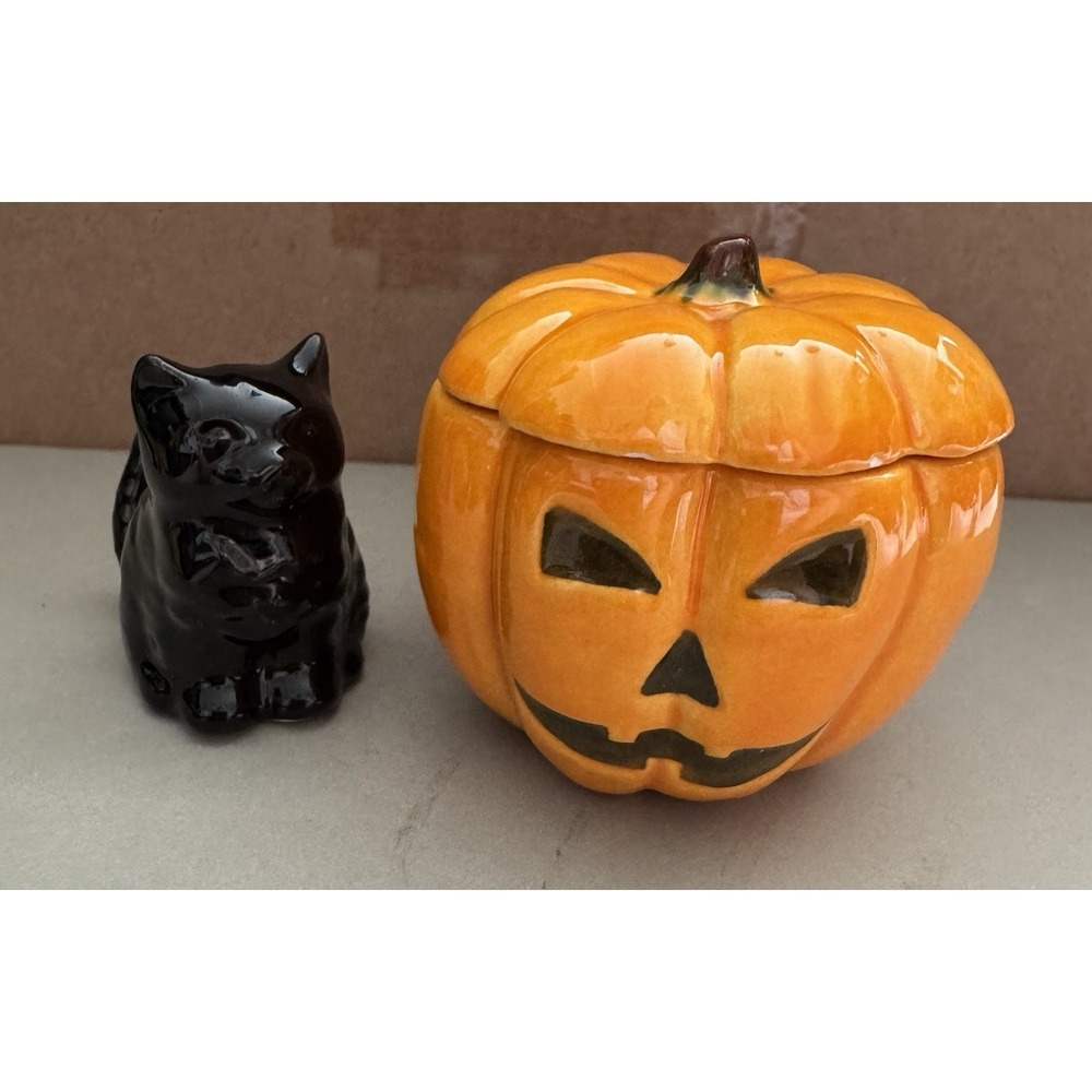 Minature Ceramic Pumpkin and A Black Cat That Sits In The Pumpkin Halloween Deco
